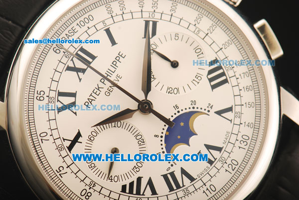 Patek Philippe Moonphase Chronograph Swiss Valjoux 7750 Manual Winding Movement Steel Case with White Dial and Black Leather Strap - Click Image to Close